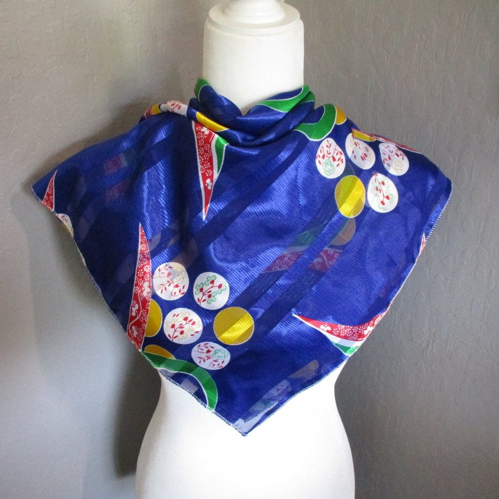 1990s bright blue flower bouquet scarf